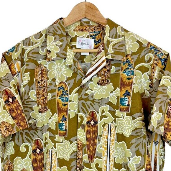 Vintage Howie Hawaiian Shirt Men XL Tiki Surf Board Wooden Buttons Camp Hibiscus - Picture 2 of 9